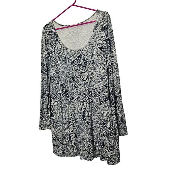 Peruvian Connection Long Sleeve Paisley Floral Dress Navy White Pockets Cotton M - Picture 1 of 9